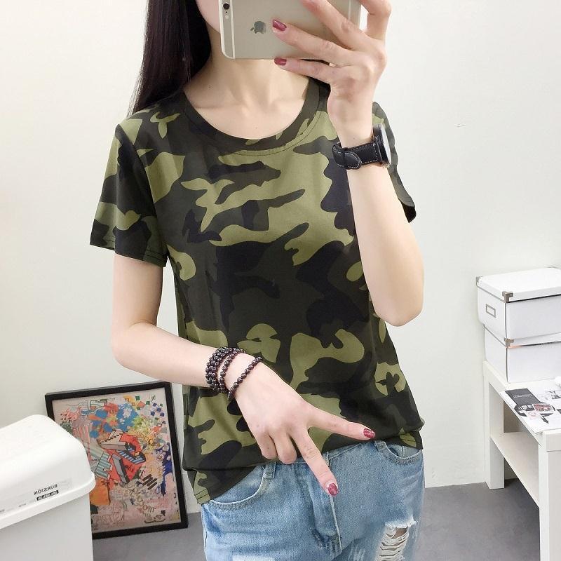 T-shirt Women's Bottoming Shirt Round Neck Camouflage Short-sleeved Slim Army Green Military Uniform