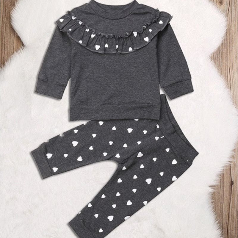 Sleeve Ruffles art Print Pullover Tops+Pants Outfit 0-4Y